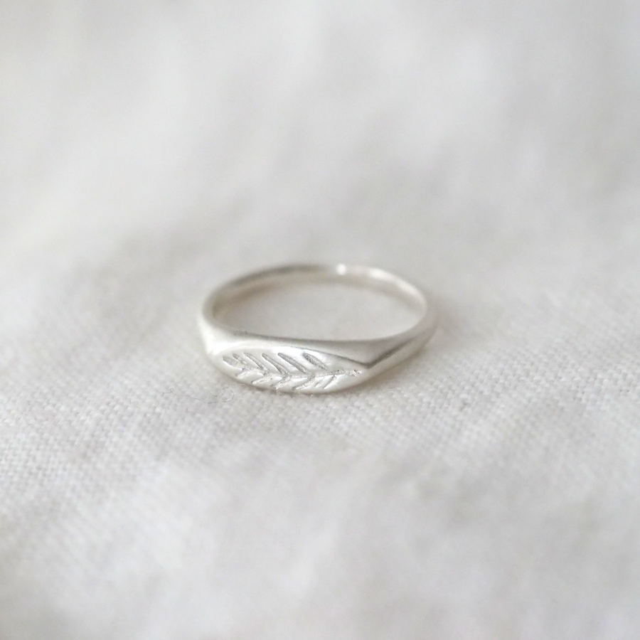 Silver band with hand engraved olive branch on face of signet laying on white linen