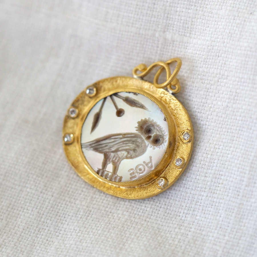 Mother of Pearl Owl Pendant with Gold Frame