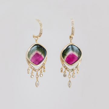 tri-color tourmalines dangling delicately off of diamond-set half hoops, with an arch of diamonds 