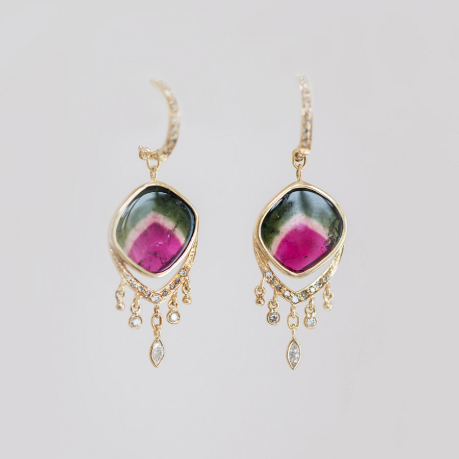 tri-color tourmalines dangling delicately off of diamond-set half hoops, with an arch of diamonds 