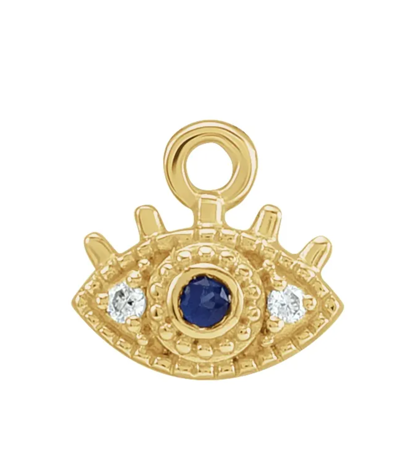 gold eye charm with sapphire in the center and diamonds on the sides