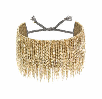 Gold fringe choker necklace on a white background