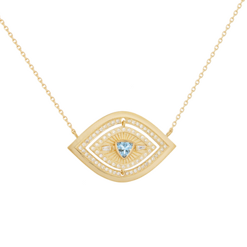detailed gold and diamond eye with aquamarine on white background