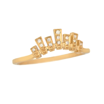  14K light yellow gold irregular crown ring set with thirteen diamonds.