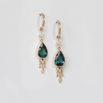 CELINE DAOUST 14K LIGHT YELLOW GOLD TOURMALINE PEAR & dangling DIAMONDS EARRINGs