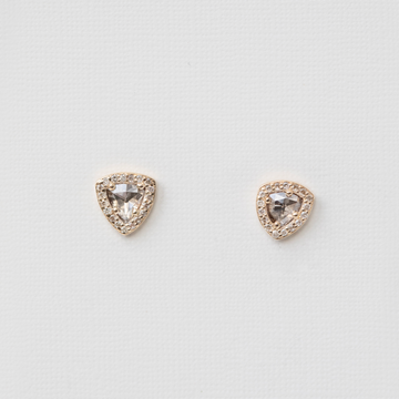 14K earrings with rosecut grey diamond triangles and diamonds surrounding the center stone. 