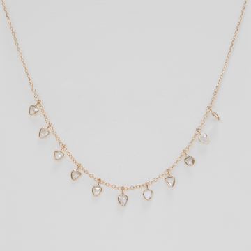 14K LIGHT YELLOW GOLD CHAIN NECKLACE WITH ELEVEN DIAMONDS ROSE CUT.