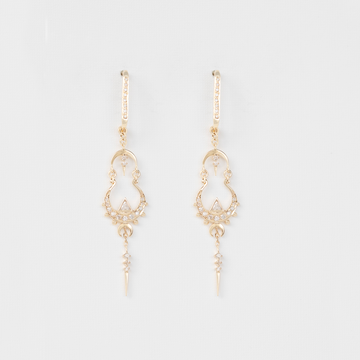 14K LIGHT YELLOW GOLD MANDALA EARRINGS WITH TRIANGLE DIAMONDS AND MOON DETAILS.