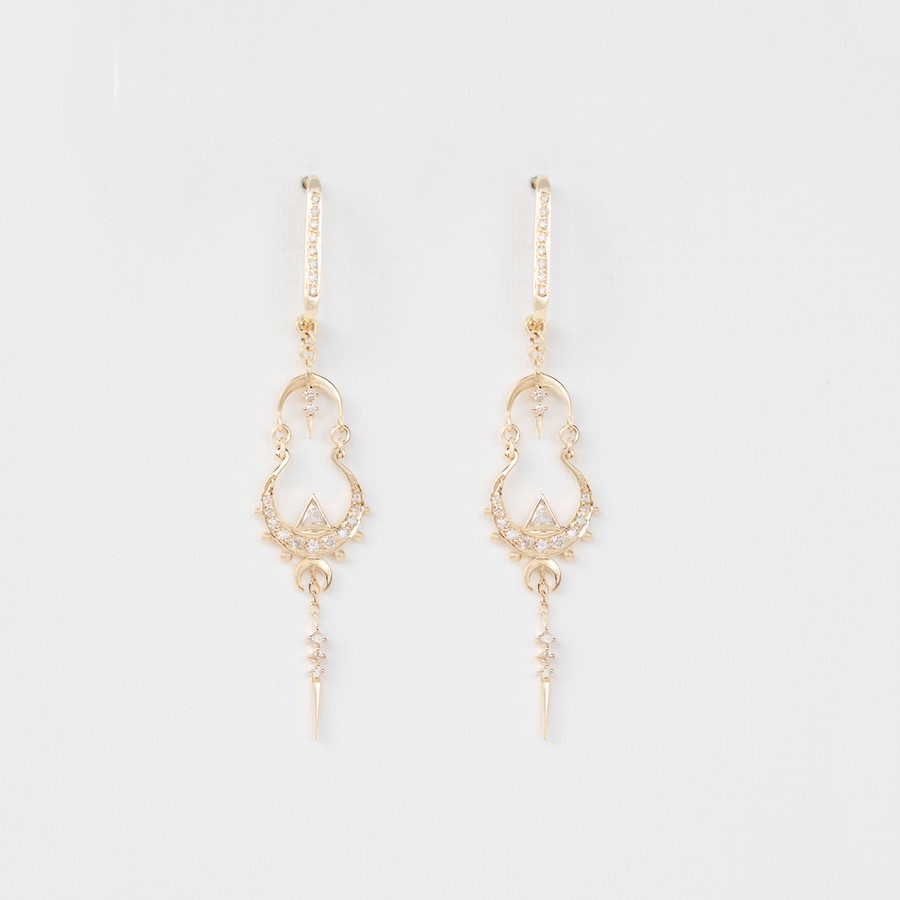 14K LIGHT YELLOW GOLD MANDALA EARRINGS WITH TRIANGLE DIAMONDS AND MOON DETAILS.