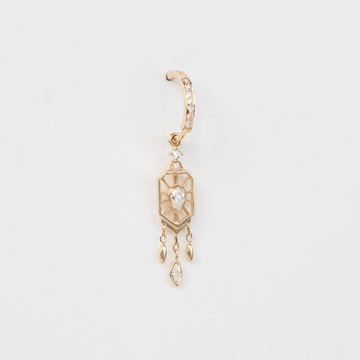 LIGHT YELLOW GOLD Dream Maker Single HOOP EARRING WITH Pear Diamonds, dangling details and marquise diamond.