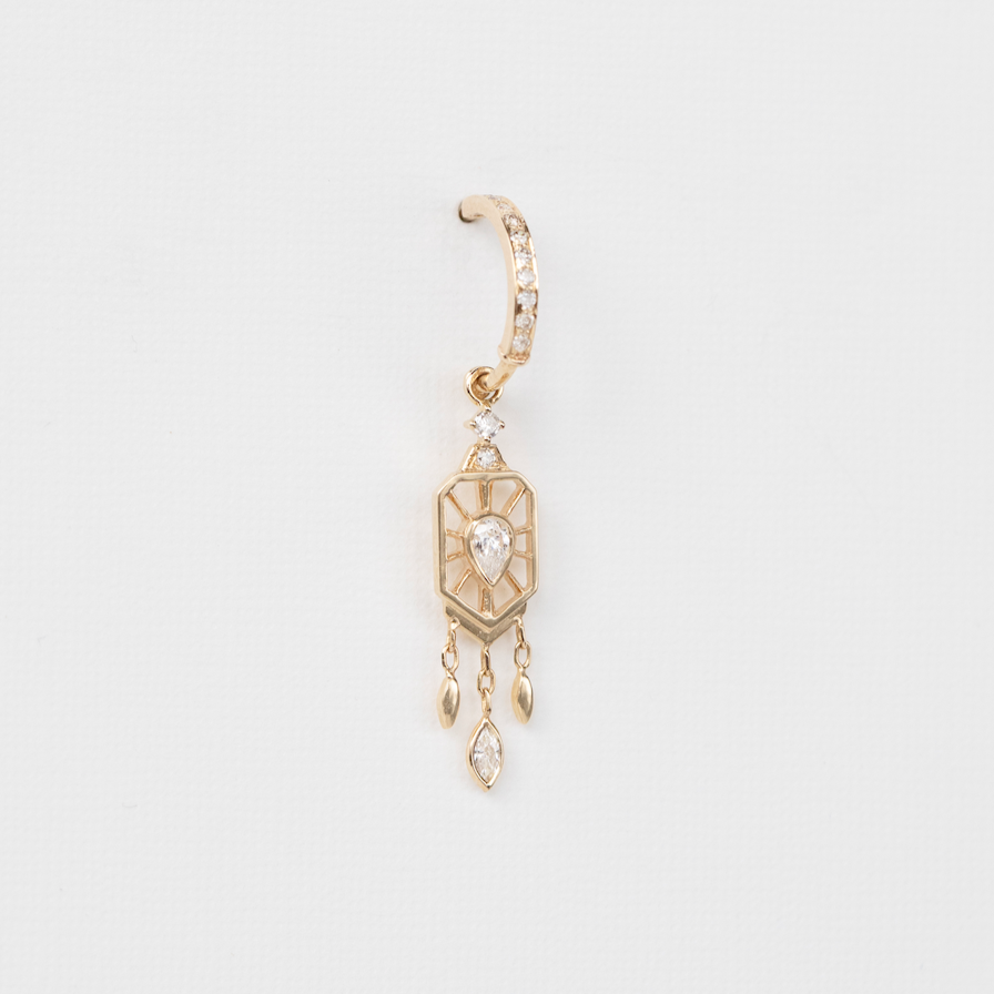 LIGHT YELLOW GOLD Dream Maker Single HOOP EARRING WITH Pear Diamonds, dangling details and marquise diamond.