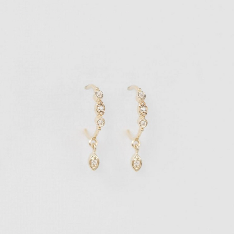 14K LIGHT YELLOW GOLD Dangling diamond EYE HOOP EARRINGS.
