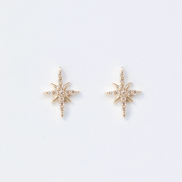 14k LIGHT YELLOW GOLD North Star Stud Earrings with pave diamonds.