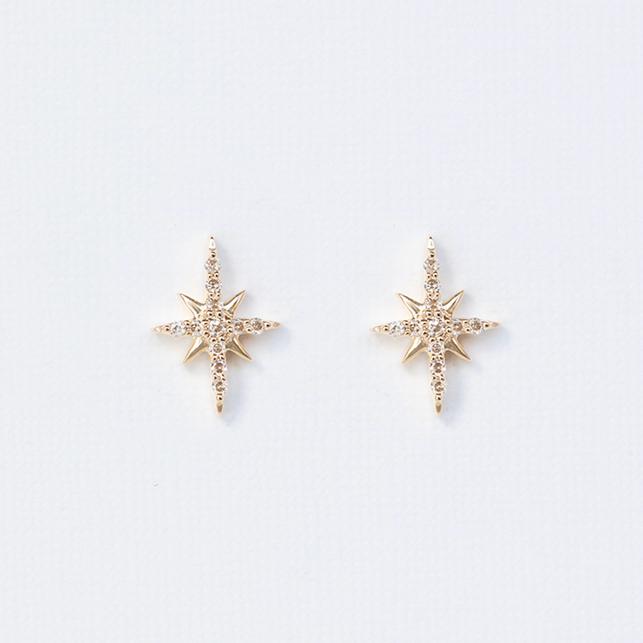14k LIGHT YELLOW GOLD North Star Stud Earrings with pave diamonds.