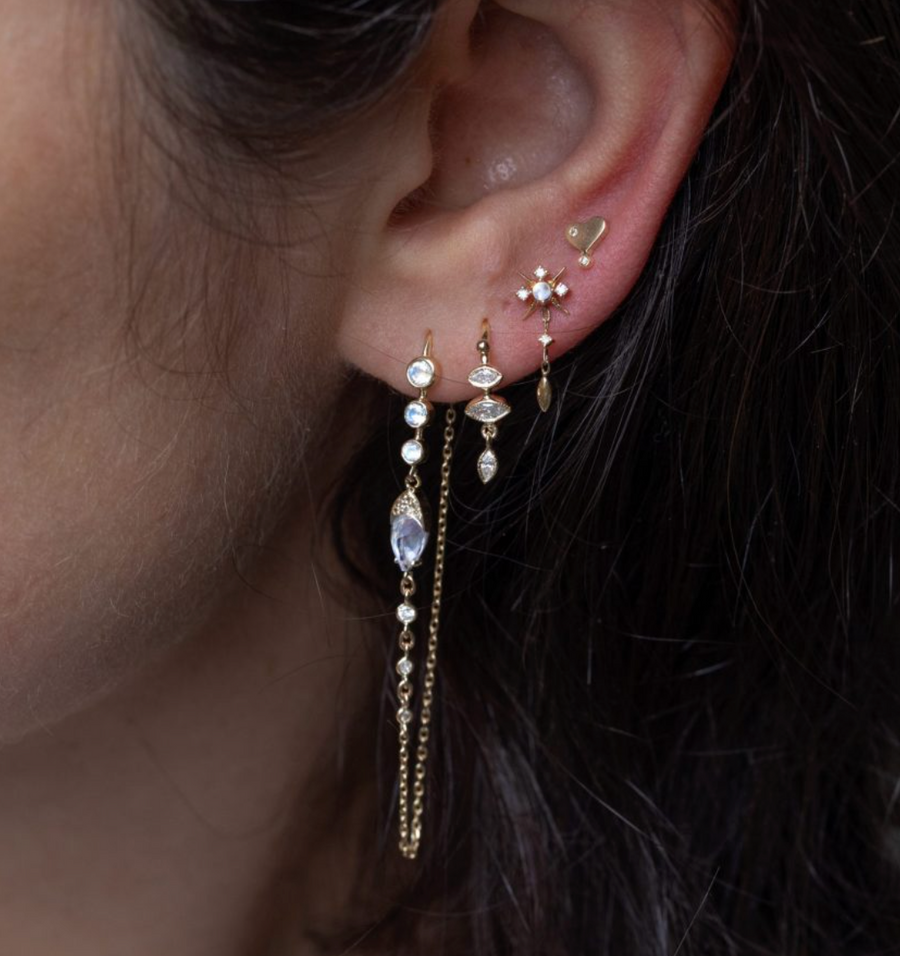 Moonstone and Diamond Long Chain Earrings - Pair - No. 64