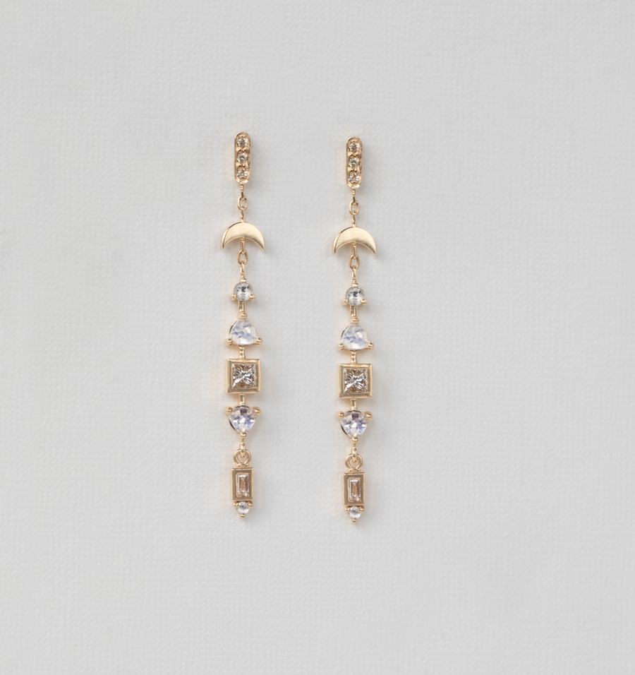 YELLOW GOLD TOTEM EARRINGS WITH MOONSTONES AND SQUARE AND TRIANGLE DIAMONDS
