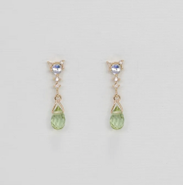 LIGHT YELLOW GOLD EARRINGS WITH LIGHT GREEN TOURMALINE, MOONSTONES, AND DIAMONDS