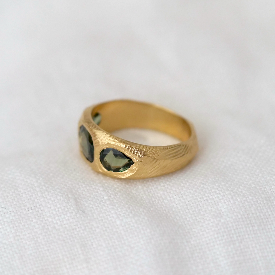 Three Stone Ring with Deep Green Sapphires