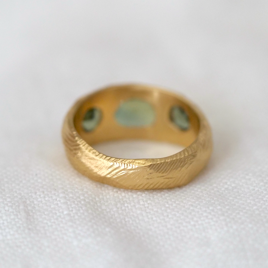 Three Stone Ring with Deep Green Sapphires