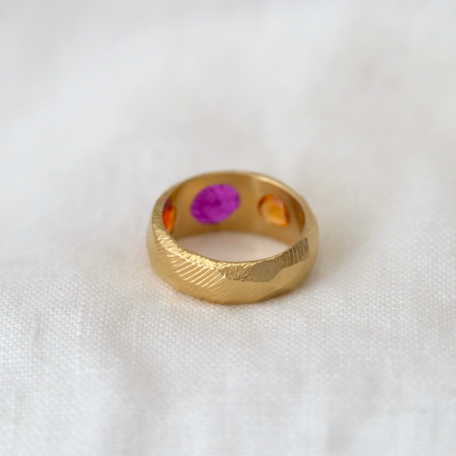 Three Stone Ring with Ruby and Orange Sapphires