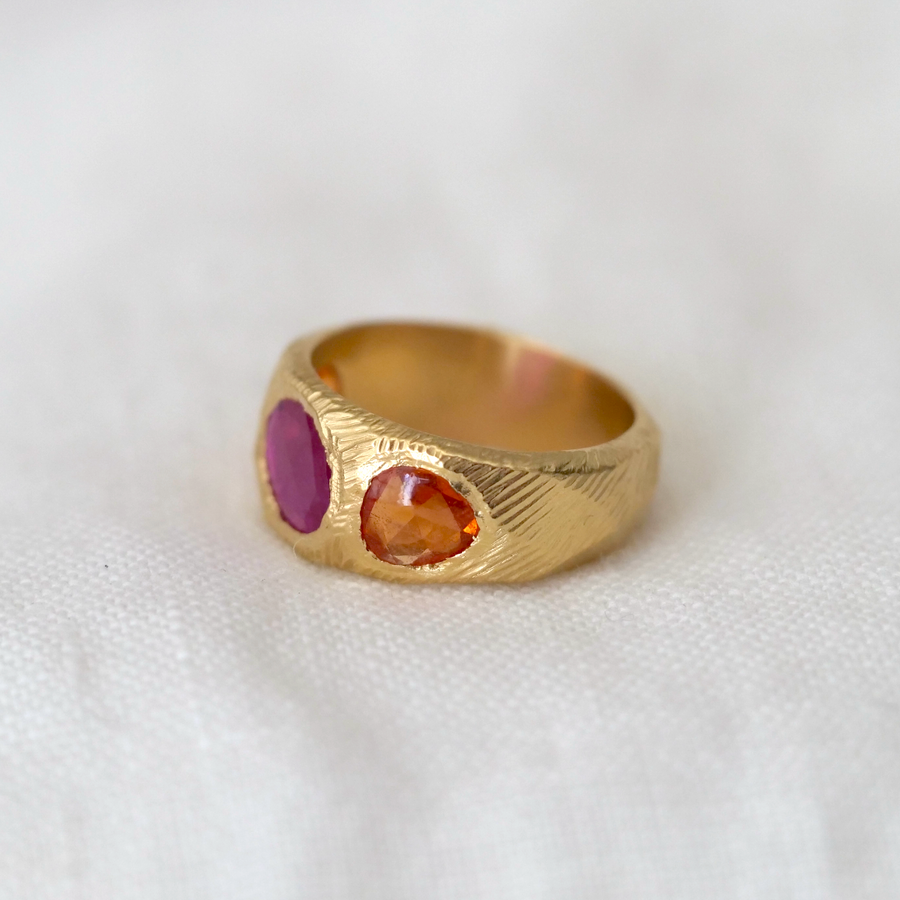 Three Stone Ring with Ruby and Orange Sapphires