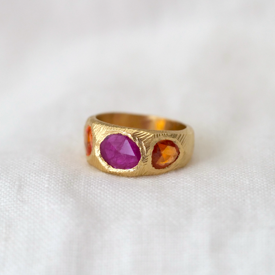 Three Stone Ring with Ruby and Orange Sapphires