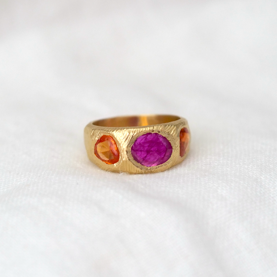 Three Stone Ring with Ruby and Orange Sapphires