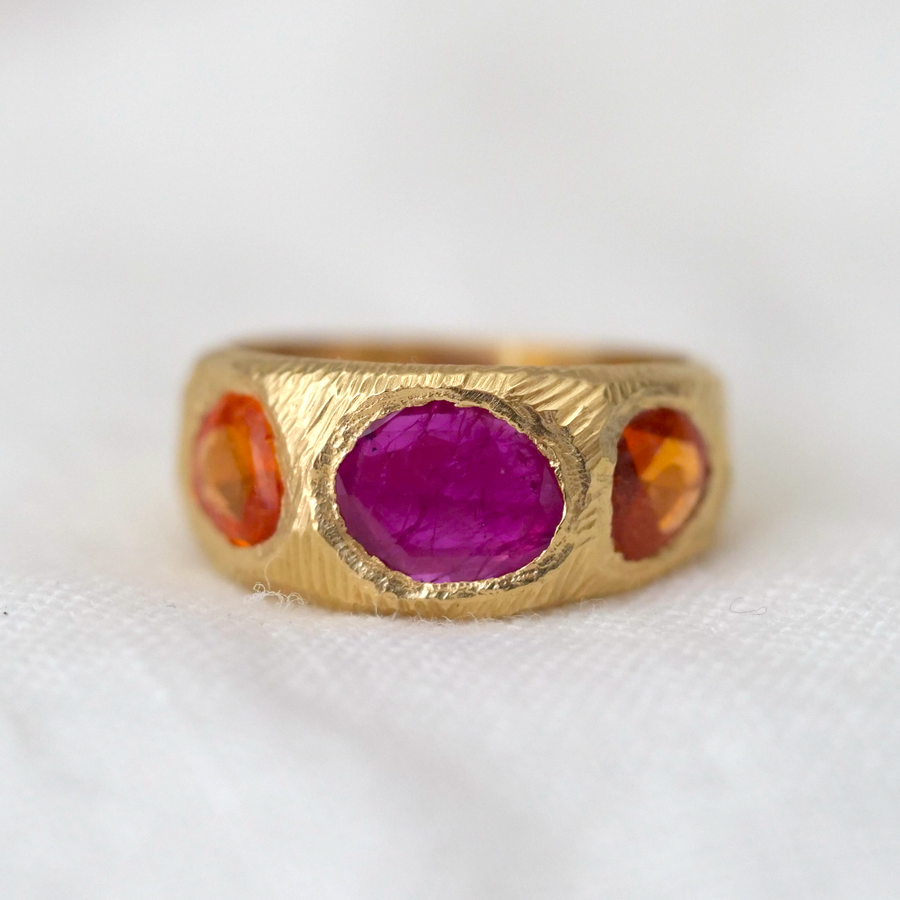 Three Stone Ring with Ruby and Orange Sapphires