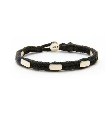 Black braided bracelet with silver rectangular beads on a white background