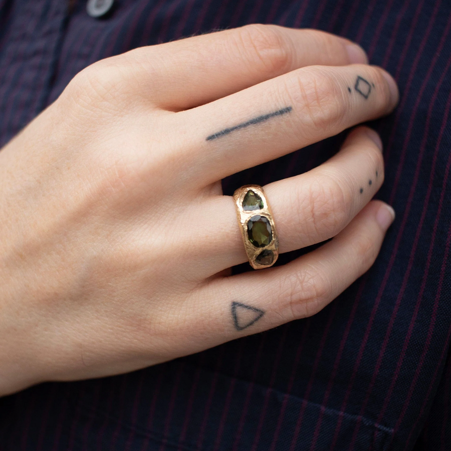 Three Stone Ring with Deep Green Sapphires