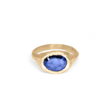 blue sapphire signet ring is hand carved and cast in 18 karat yellow gold