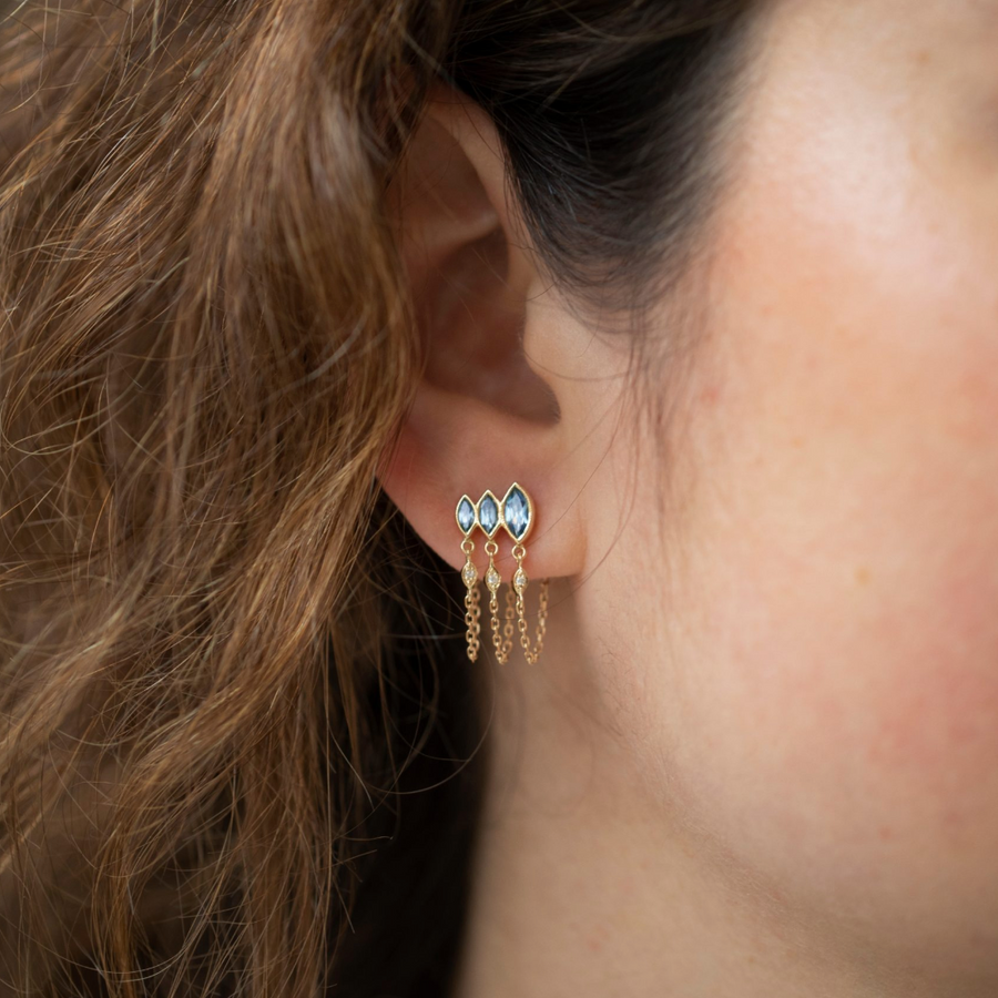 TRIPLE MARQUISE AQUAMARINE & DIAMONDS EYES CHAIN EARRINGs