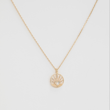 Gold necklace with a circular pendant on a light gray background