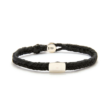 single silver rectangular stud on fish tale woven nylon cord with silver toggle closure on white background 