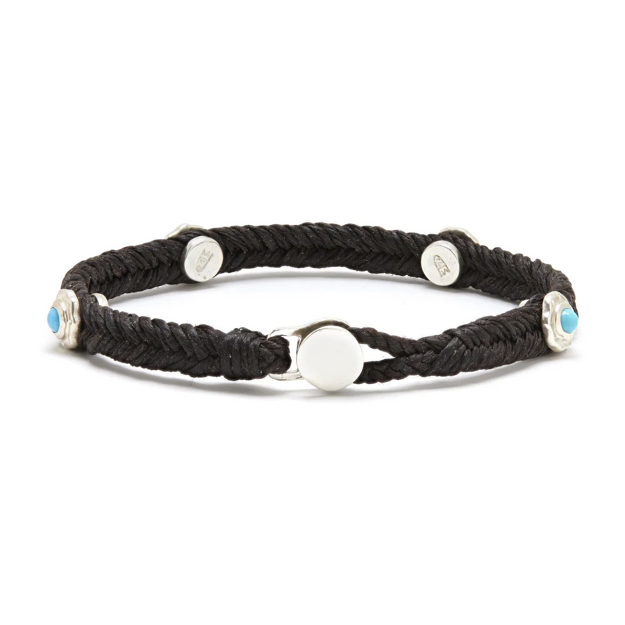 woven black nylon cord with silver and turquoise studs