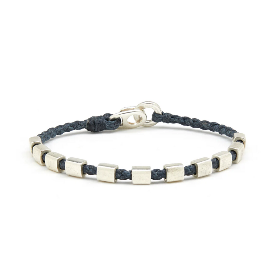 woven nylon with 11 silver bead charms and a silver clasp