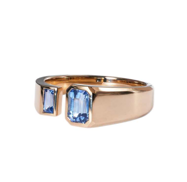 Emerald and Baguette Cut Blue Sapphire Dyad Ring