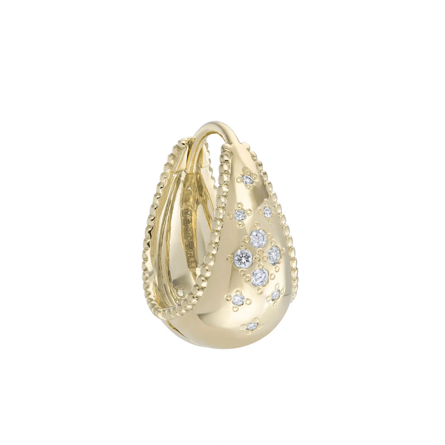 Gold hoop earring with embedded diamonds on a white background