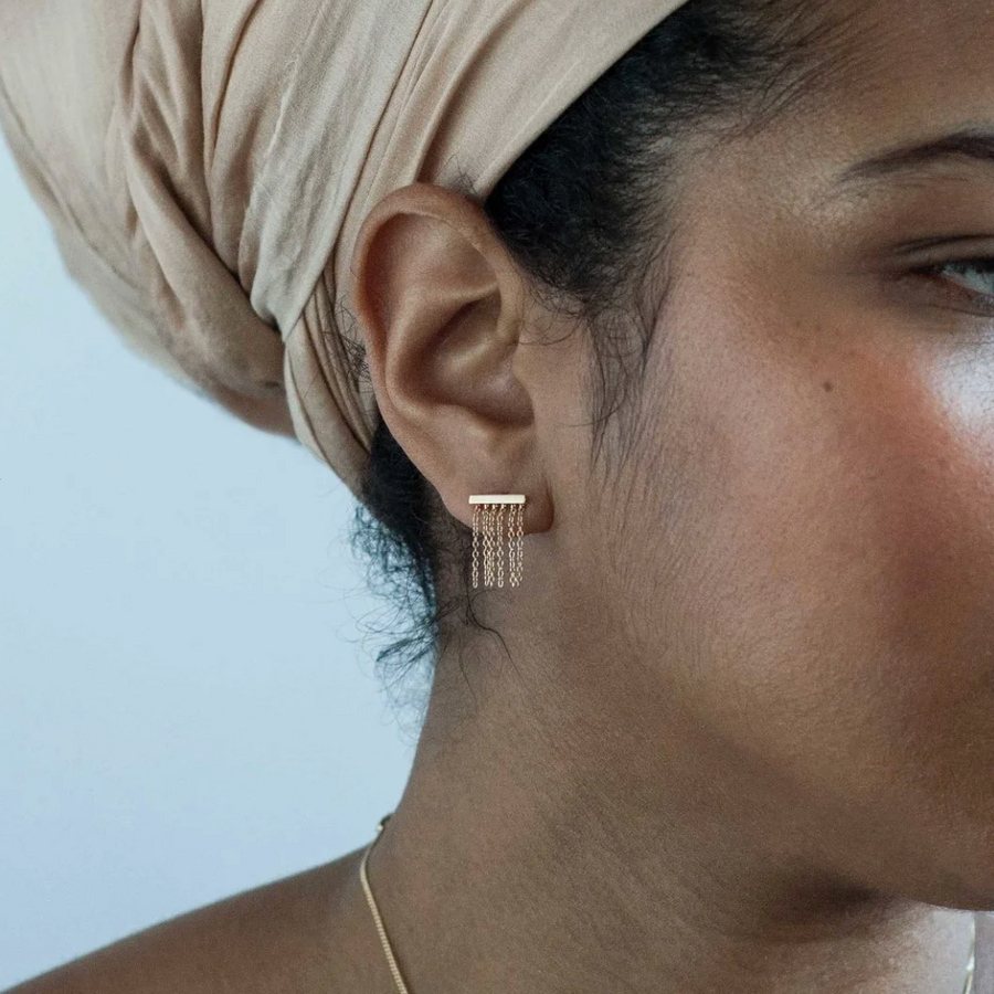 Close-up of an ear wearing a gold earring with dangling components, with a neutral background.