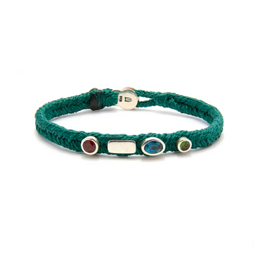 Green braided bracelet with embedded stones on a white background