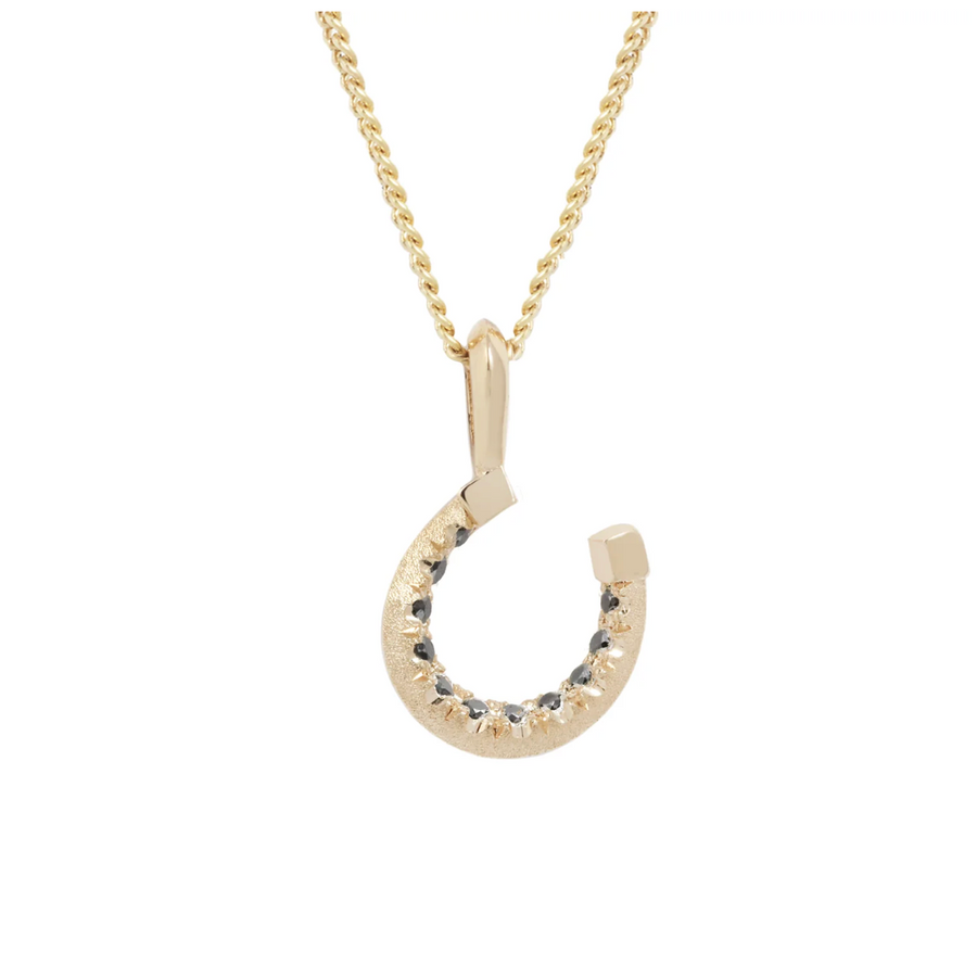 Gold horseshoe pendant necklace on a white background