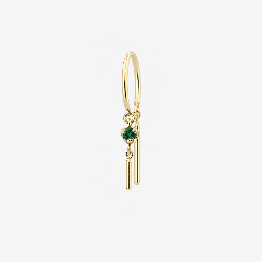 Subtle and light, a gold hoop with two gold dangles, just enough sparkle to make a statement - with a small emerald.