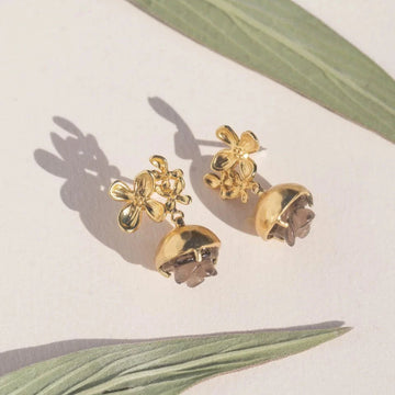 brass flower studs with drop down brass setting holding a gray Crystal flower 