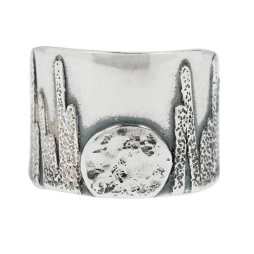 wide sterling silver cigar band with moonrise motif and oxidization 
