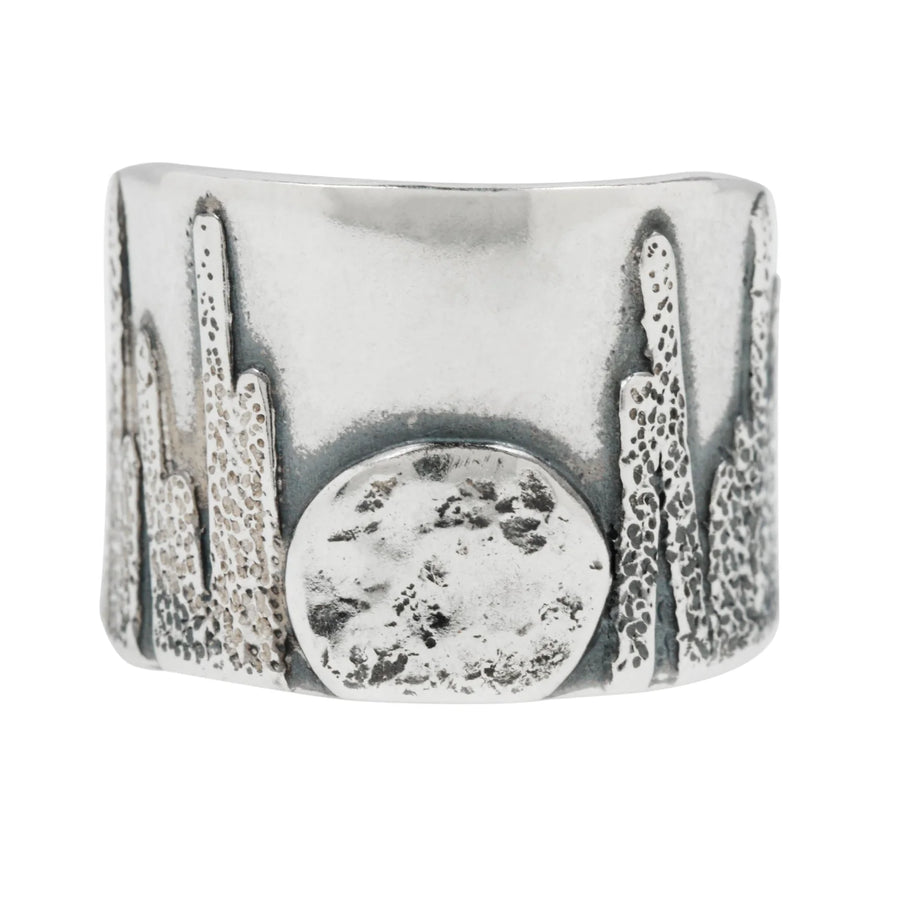 wide sterling silver cigar band with moonrise motif and oxidization 