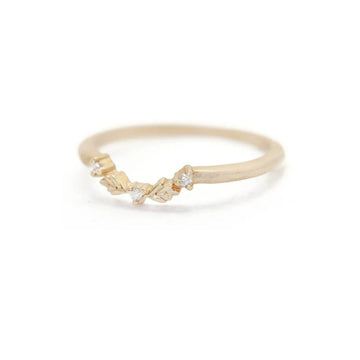 Thin gold band with three white diamonds in an arch with two gold leaves. Wood Nymph Faye 3-Stone Gaurd Ring-OD Fine Rings-Marisa Mason