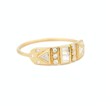 Celine Daoust gold and white diamond ring. Triangle diamonds round diamonds baguette diamonds