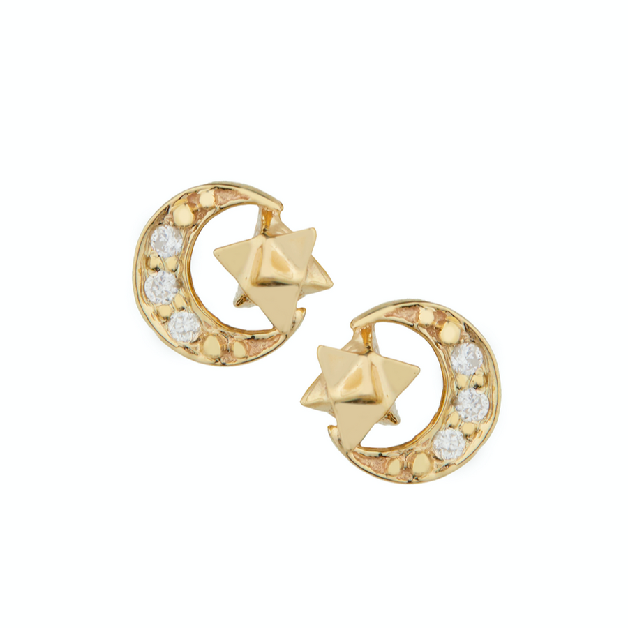 14K light yellow gold moon crescents with three pave set white diamonds, and a solid gold star in the center of each crescent-Marisa Mason