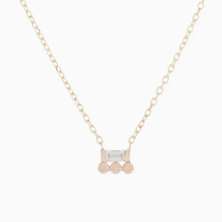 Jennie Kwon Designs 14k gold necklace white baguette diamond round white diamonds