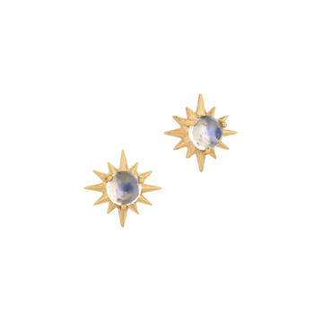 14K light yellow gold sun earrings with one round moonstone-Marisa Mason